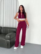 Osy Modal Yumuşak Dokulu Kumaş Tam Fermuarlı Crop Pantalon İkili Takım - Bordo resmi